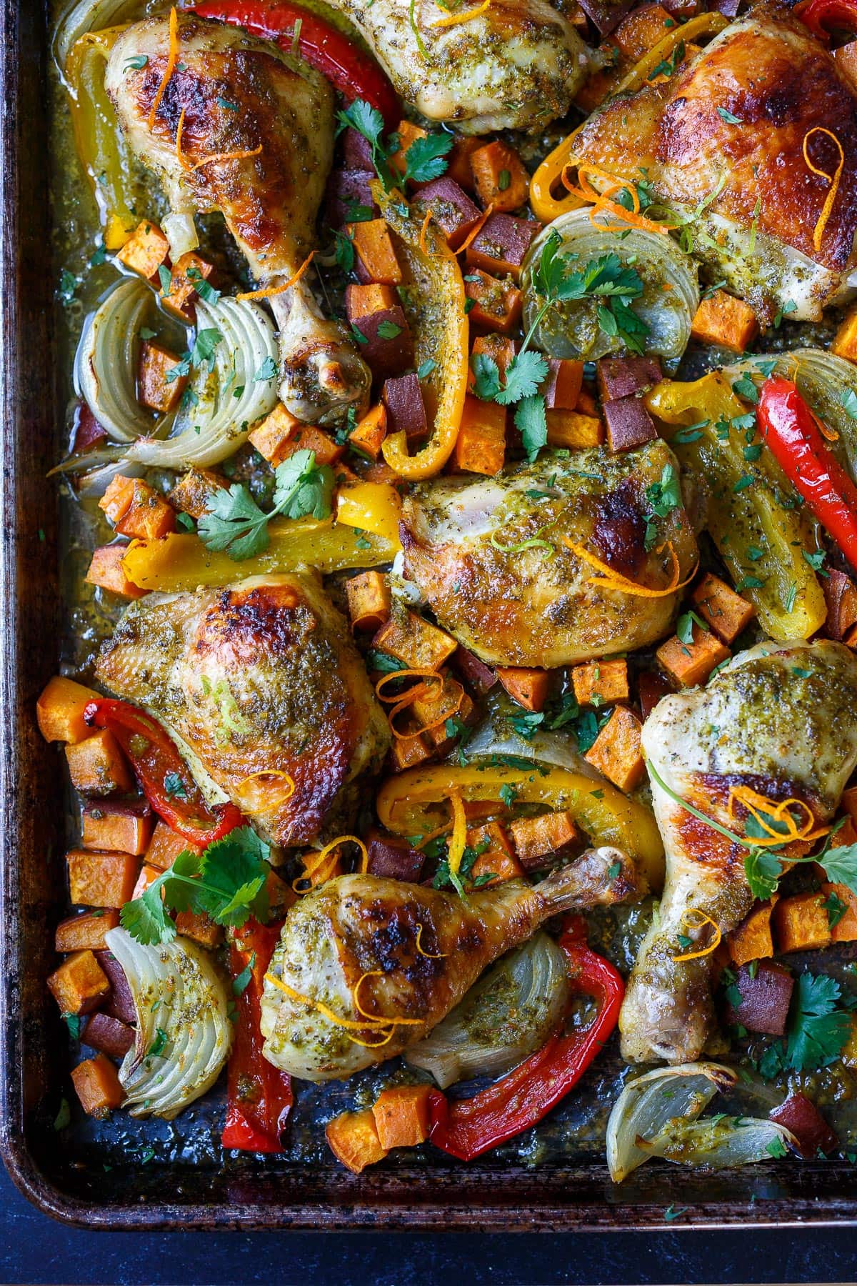mojo chicken on a sheet pan. 