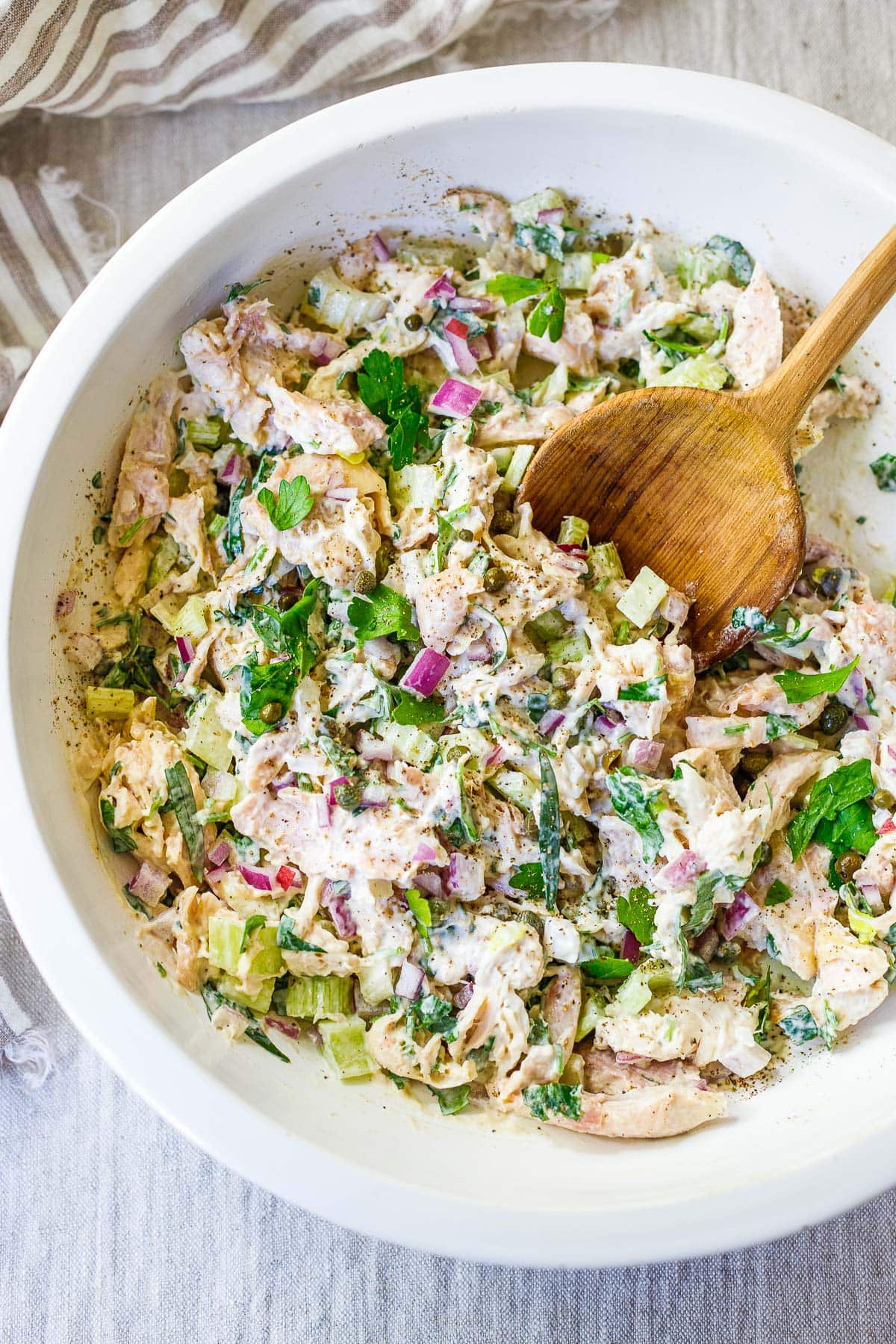 tarragon chicken salad mixed in a bowl.
