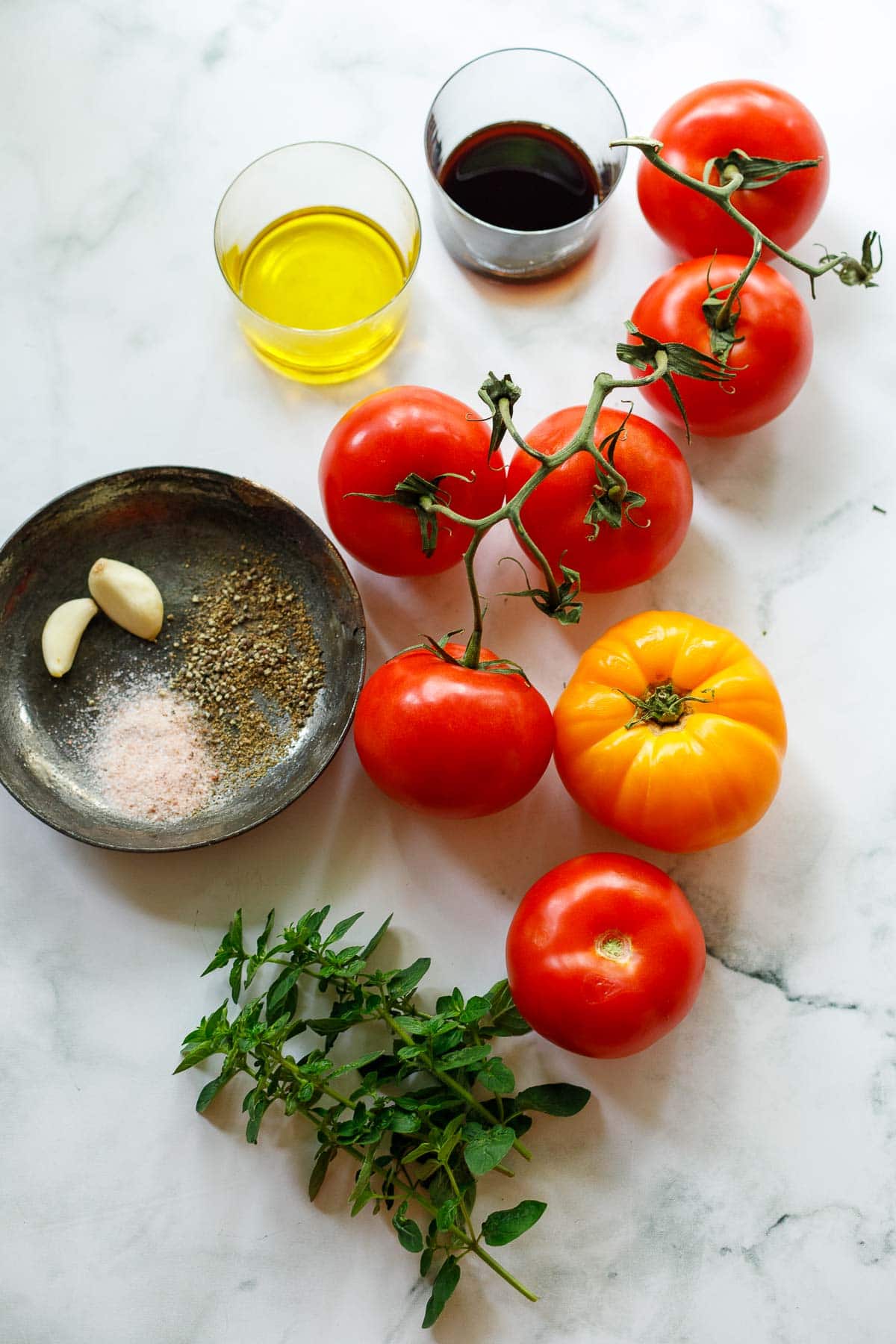 Ingredients: garlic, olive oil, oregano, balsamic vinegar, and salt and pepper.