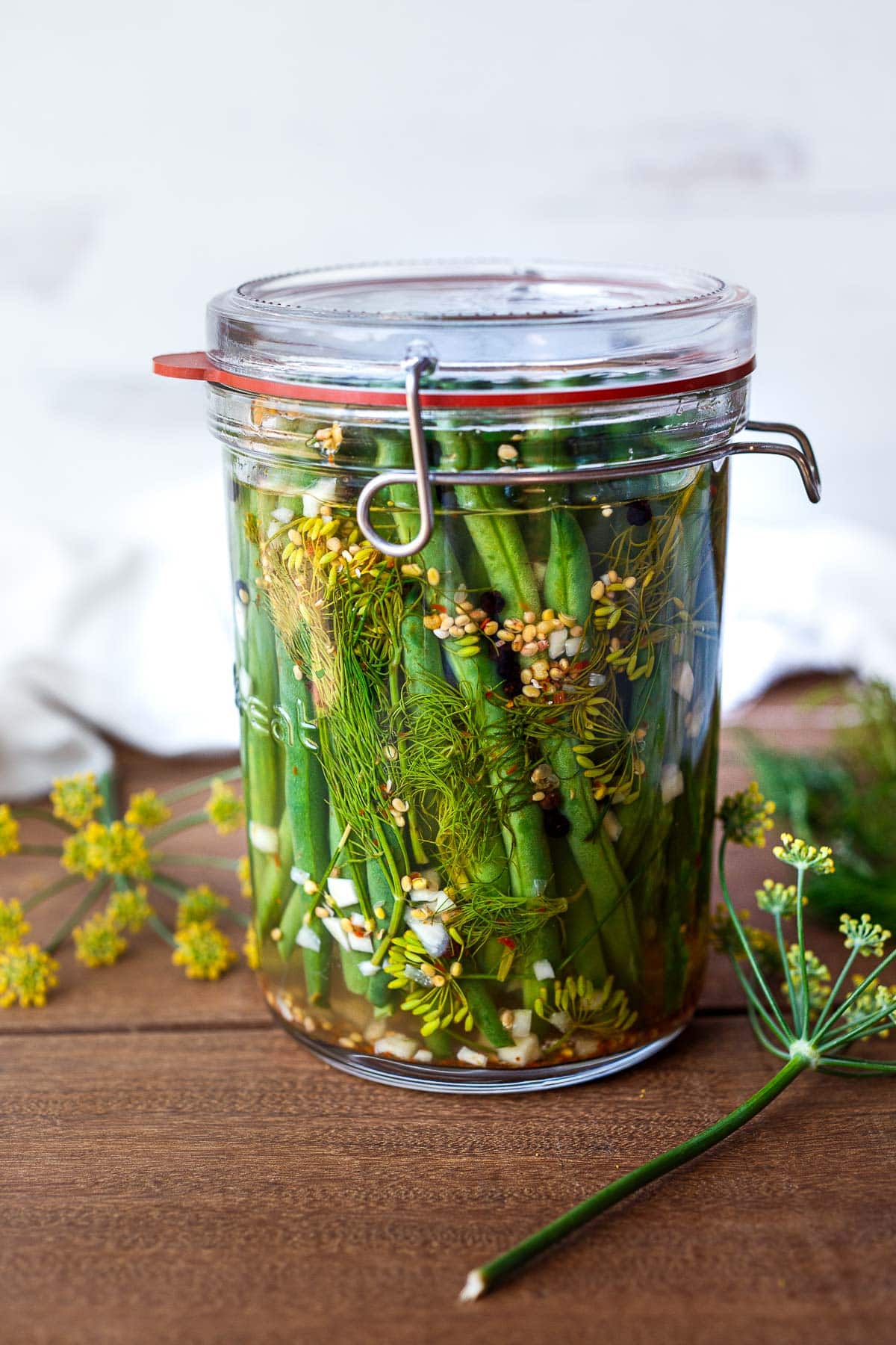 Dilly beans recipe in a jar.