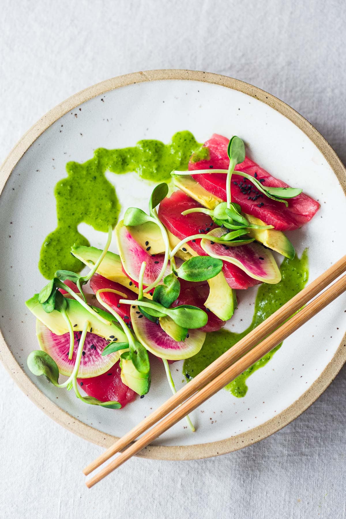 Tuna Crudo with scallion sauce.