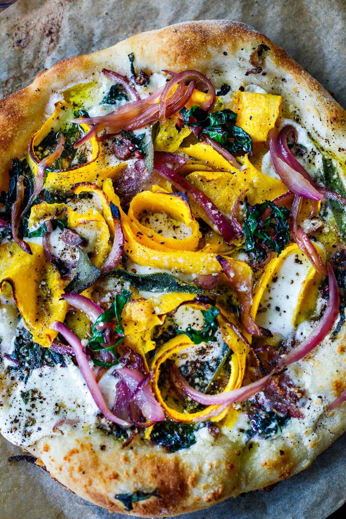 cooked crispy butternut squash pizza unsliced