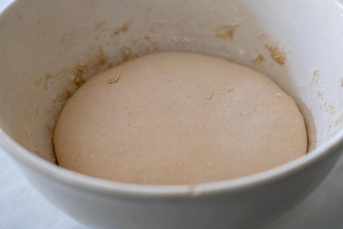 mixing bowl with ball of dough rising.