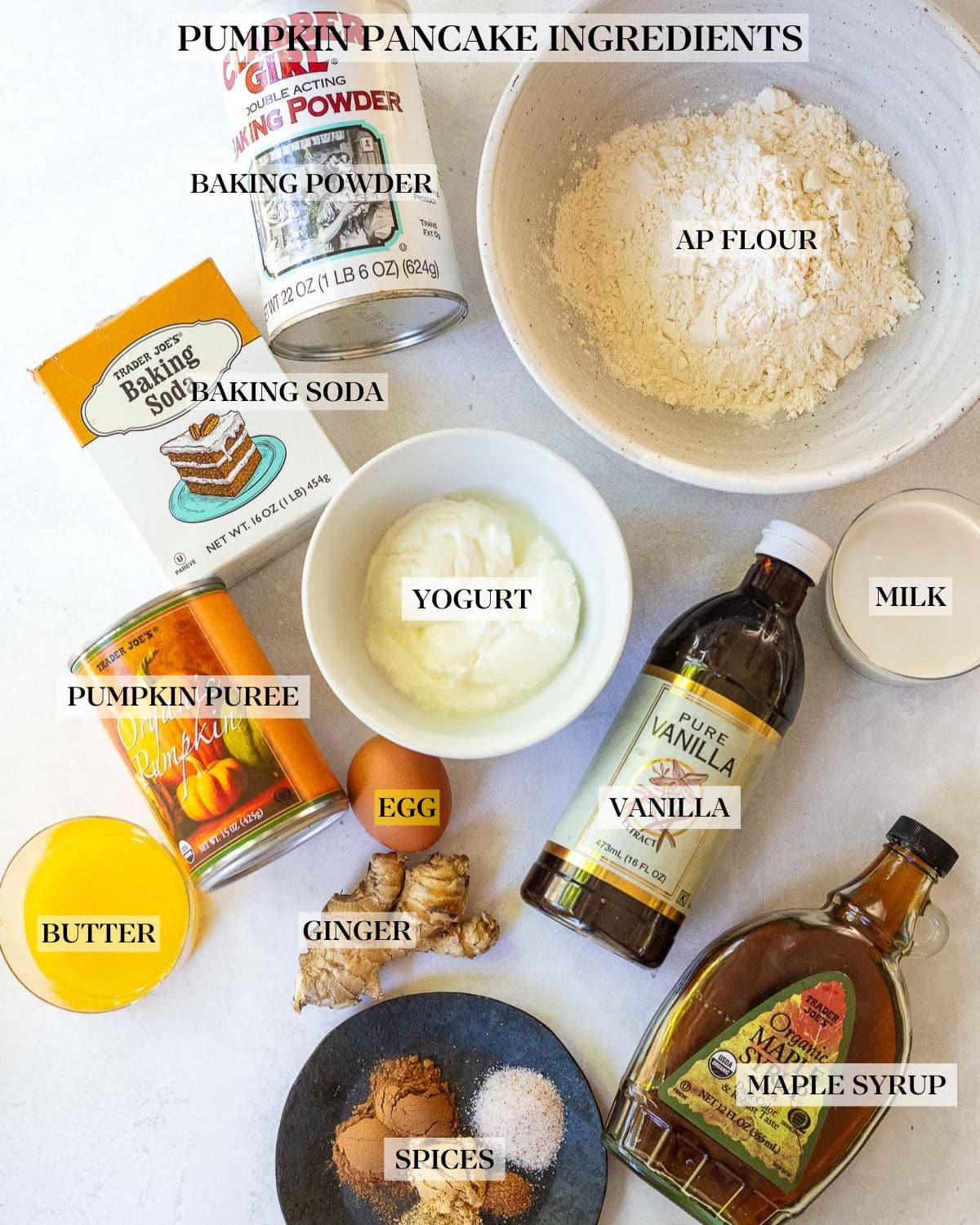ingredients for pumpkin pancakes laid out on table