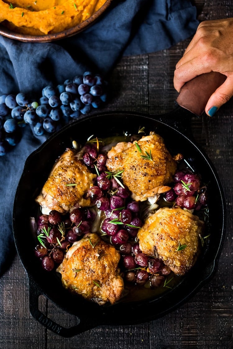 Our Best Fall Recipes! |Rosemary Chicken Thighs with Roasted Grapes and Shallots, served over Whipped Ginger Sweet Potatoes - a simple, easy, fall-inspired skillet dinner that can be made in 30 minutes! #rosemarychicken #skilletchicken #bakedchicken #roastedgrapes #chicken #chickenthighs