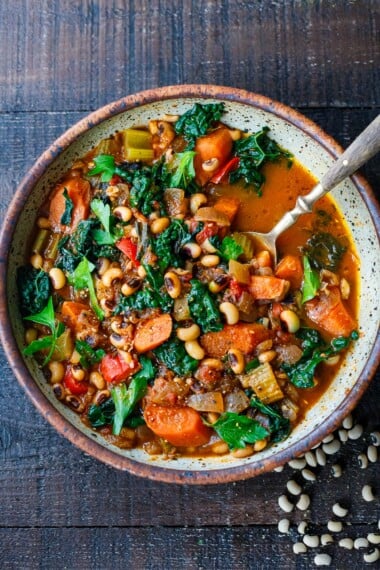 Here's a Black Eyed Pea Soup recipe to start the new year with abundance! It's wholesome, nourishing, and loaded with veggies, and easy to make. Vegan and gluten-free.