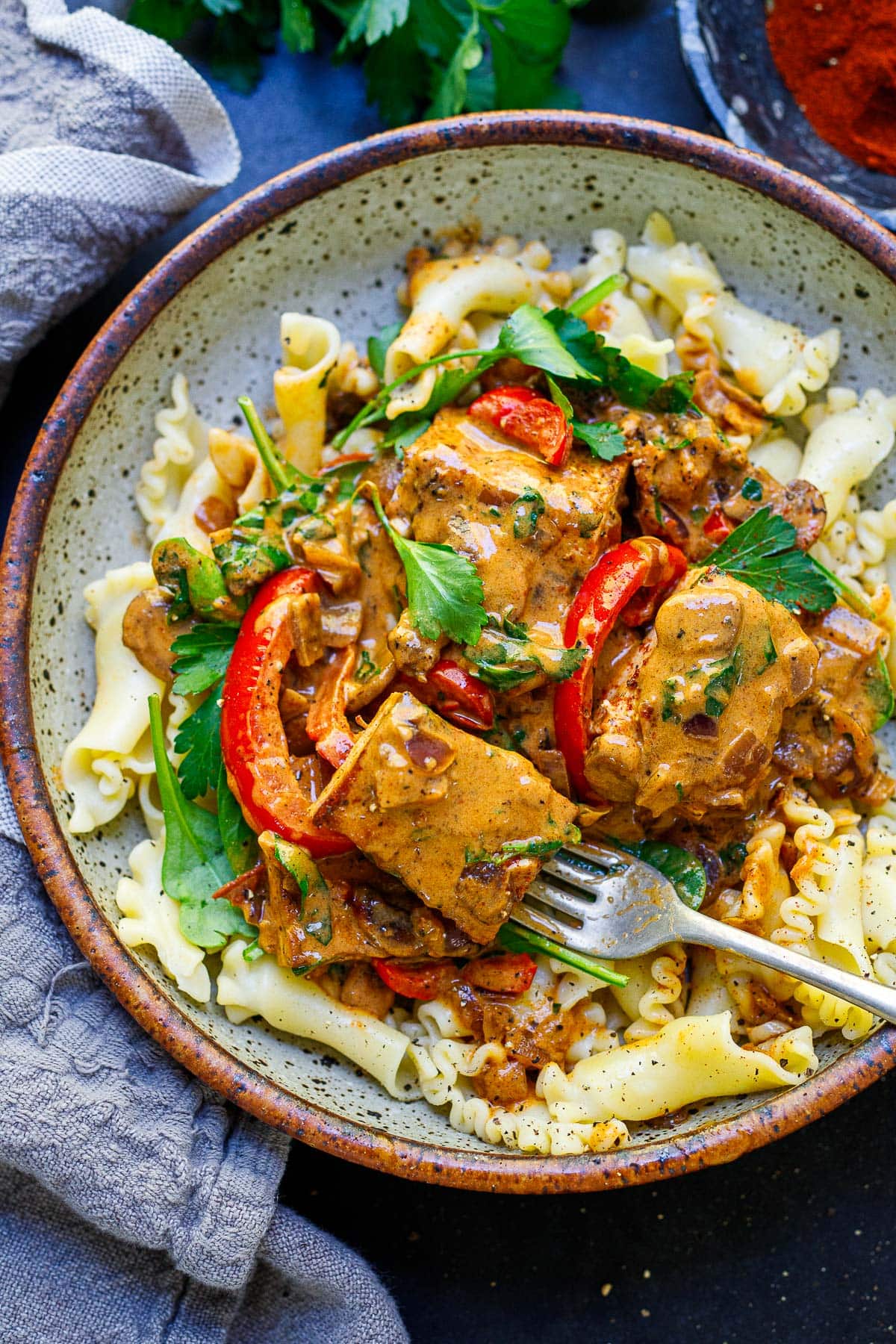 vegetarian paprikash in a bowl with tofu.