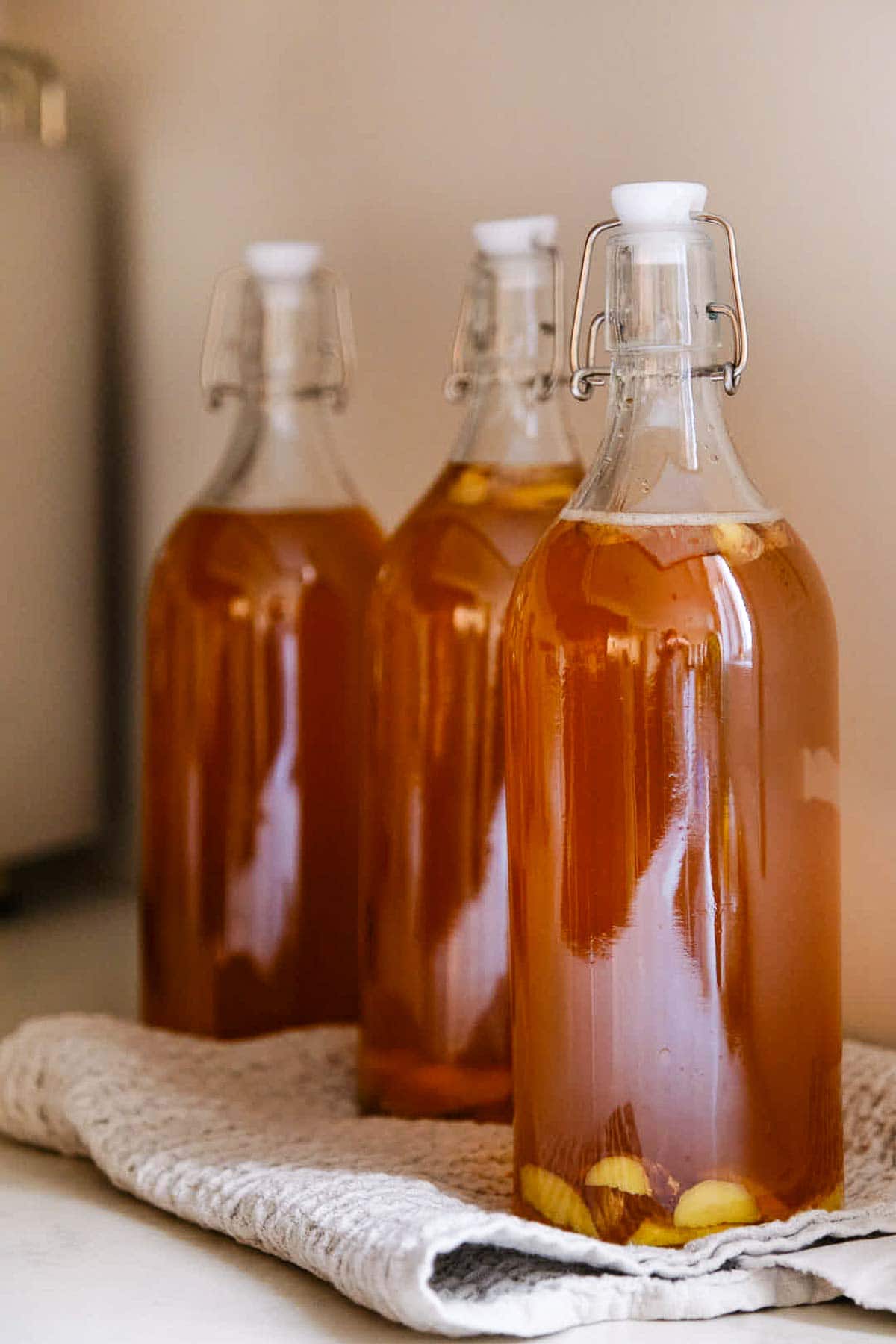 glass bottles with kombucha.
