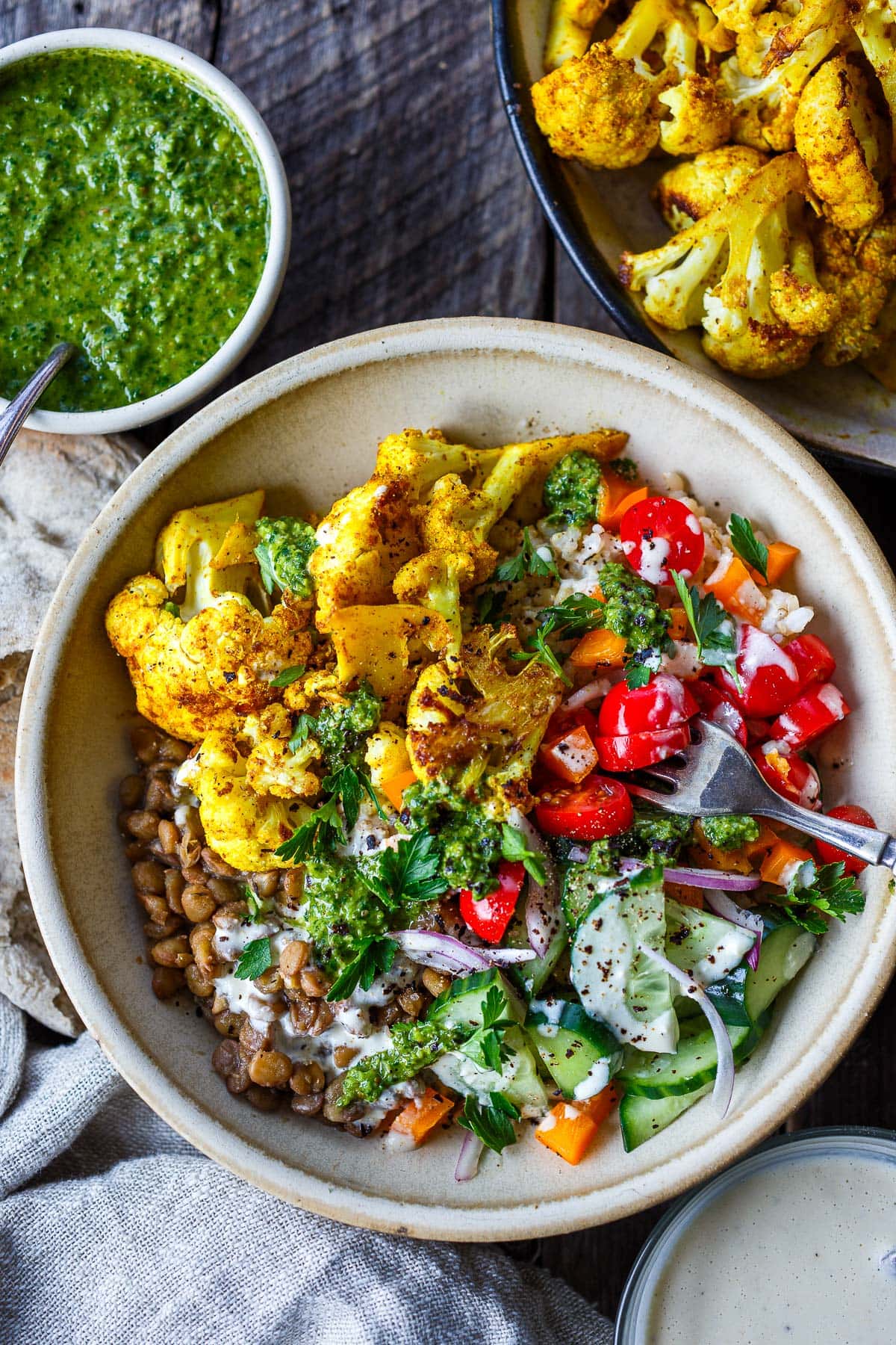 cauliflower shawarma in a bowl. 