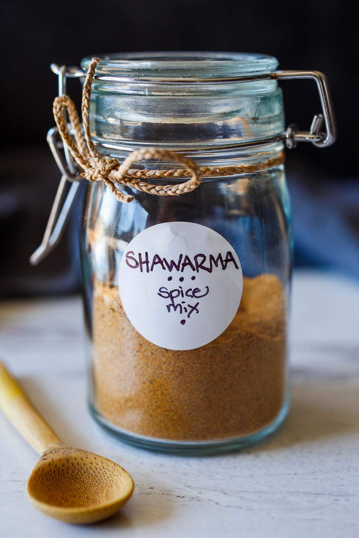 shawarma spice mix in glass jar with label.