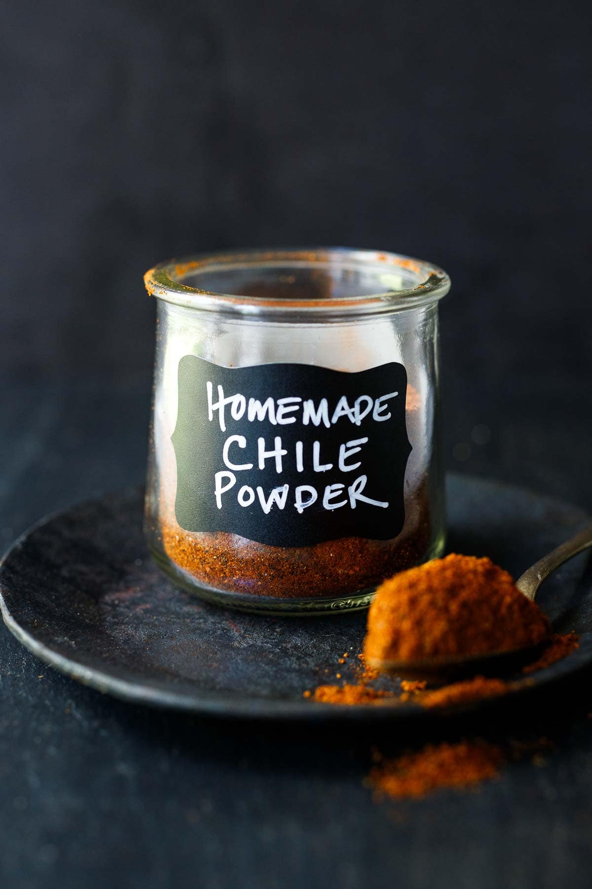 Homemade Chile Powder in a jar with a label.