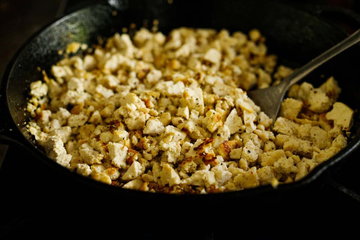 crispy tofu in a skillet.