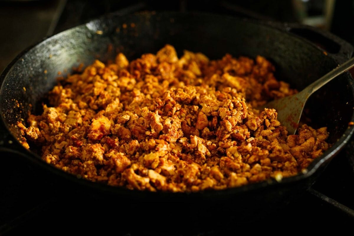 Seasoned sofritas in a skillet.