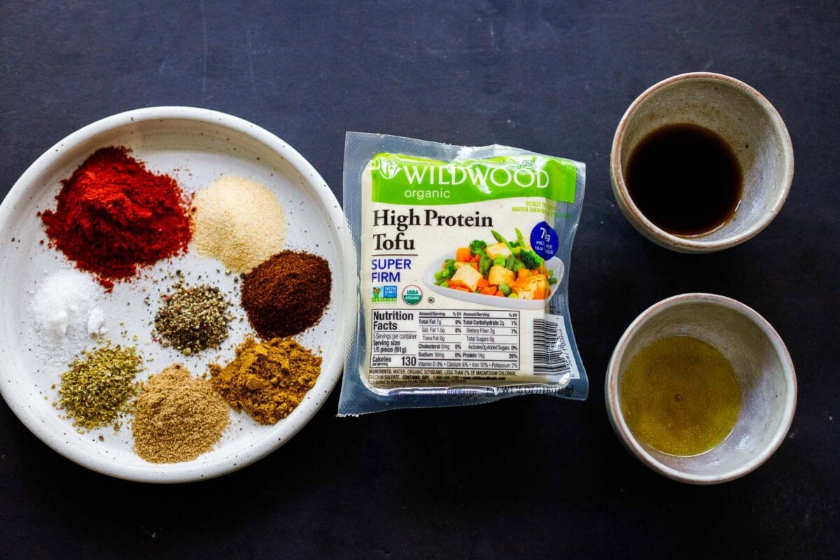 Sofritas ingredients: spices, salt, pepper, high protein tofu, olive oil, tomato paste and soy sauce.