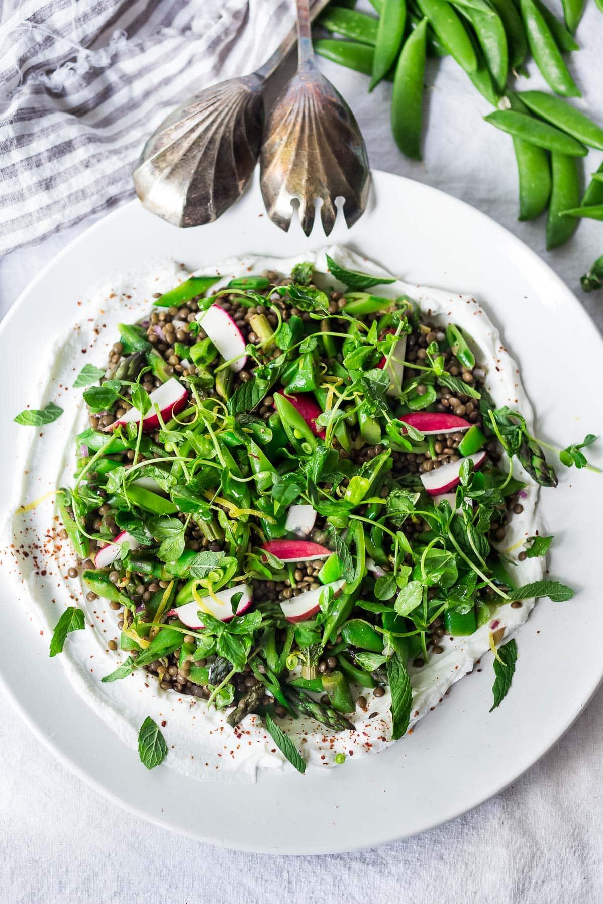 a spring lentil salad over creamy tahini yogurt on a white plate.