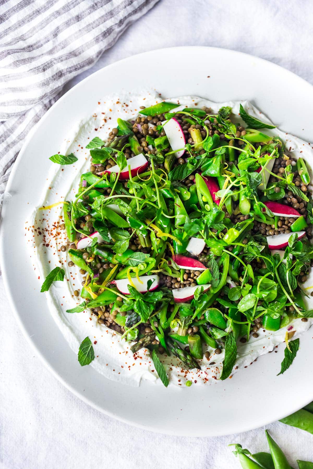 a spring lentil salad over creamy tahini yogurt on a white plate.