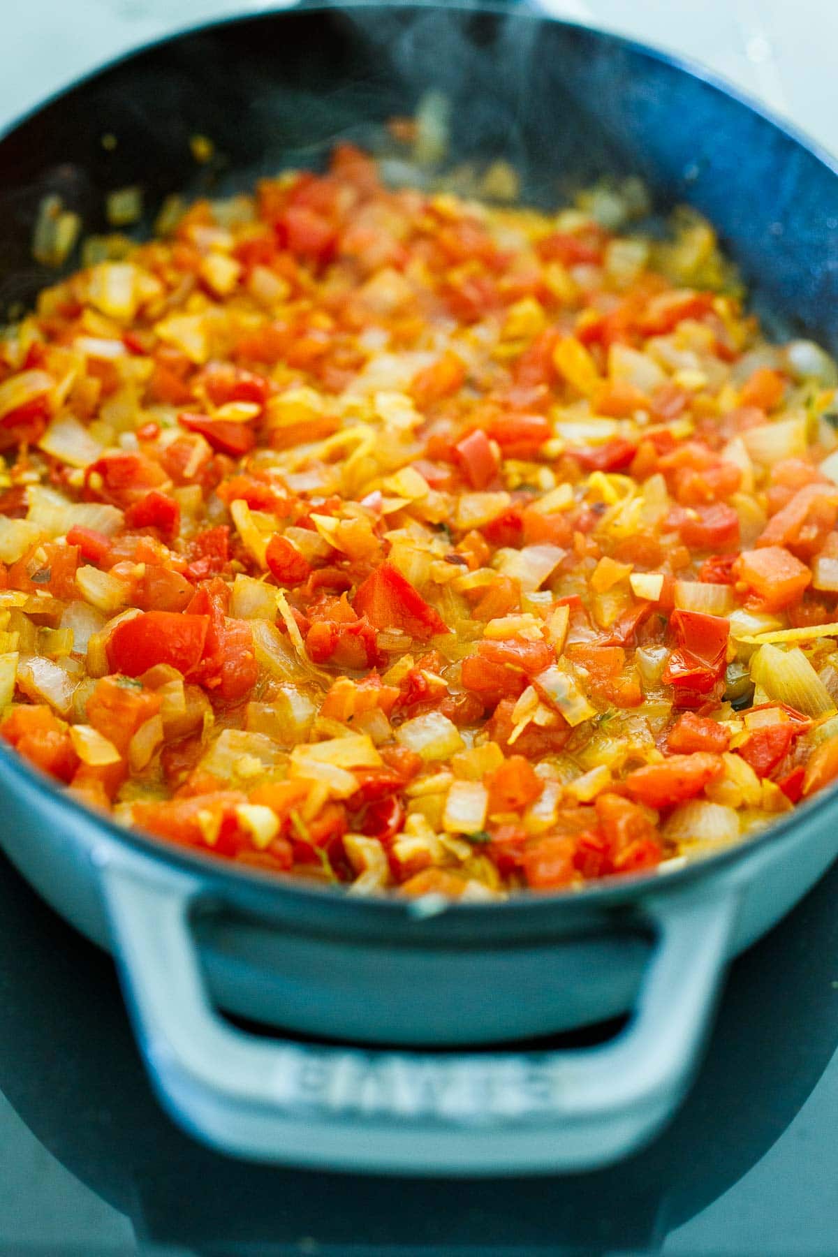 onion and tomato sauce simmering in skillet.