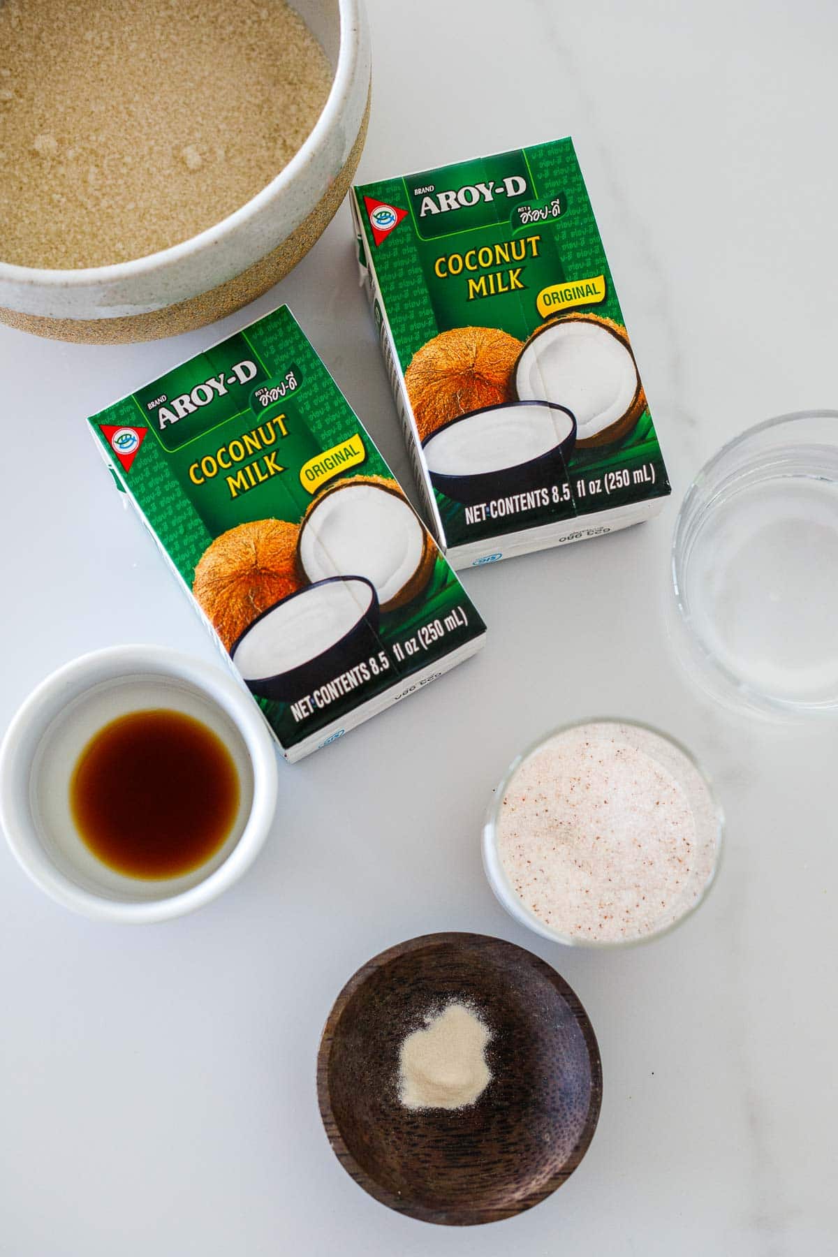 ingredients laid out for dairy-free ice cream- bowl of cane sugar, boxes of coconut milk, water, salt, vanilla, and xantham gum.