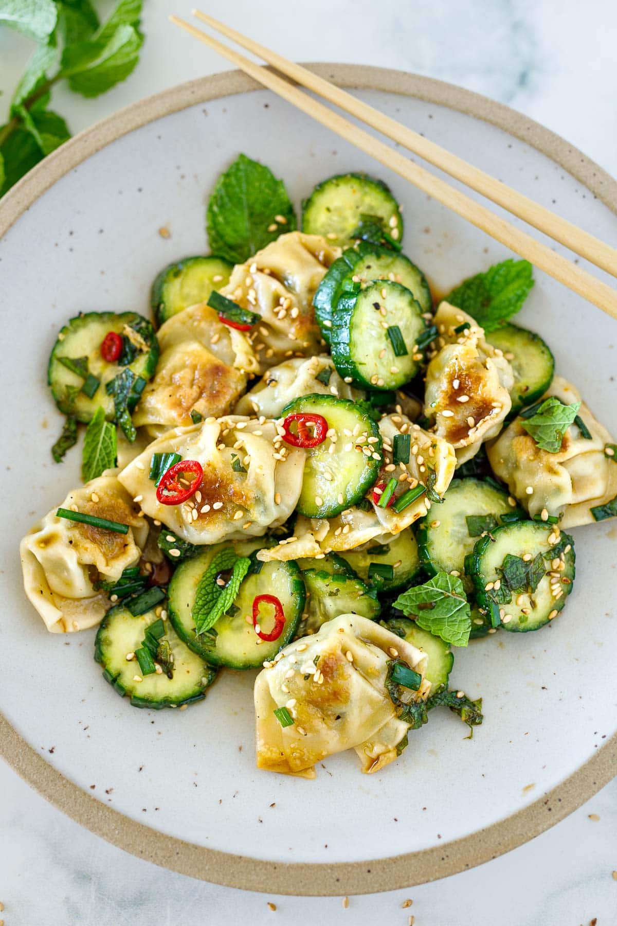bowl of wonton salad garnished with red chilis, herbs, and toasted sesame seeds. 