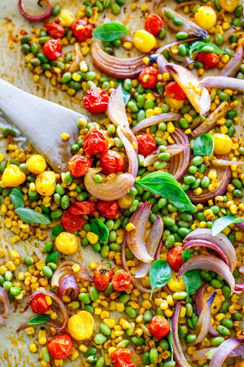oven baked succotash on a sheet pan