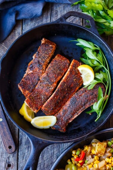 Seared Blackened Salmon is easy to make in 20 minutes! Salmon filets are coated with a zesty homemade  cajun blackened salmon seasoning, creating a perfect crust while keeping the salmon juicy and tender.