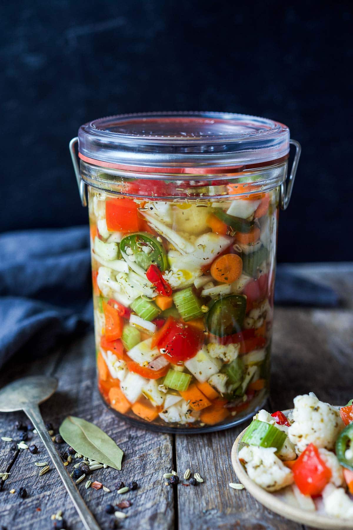 glass jar with giardiniera. 