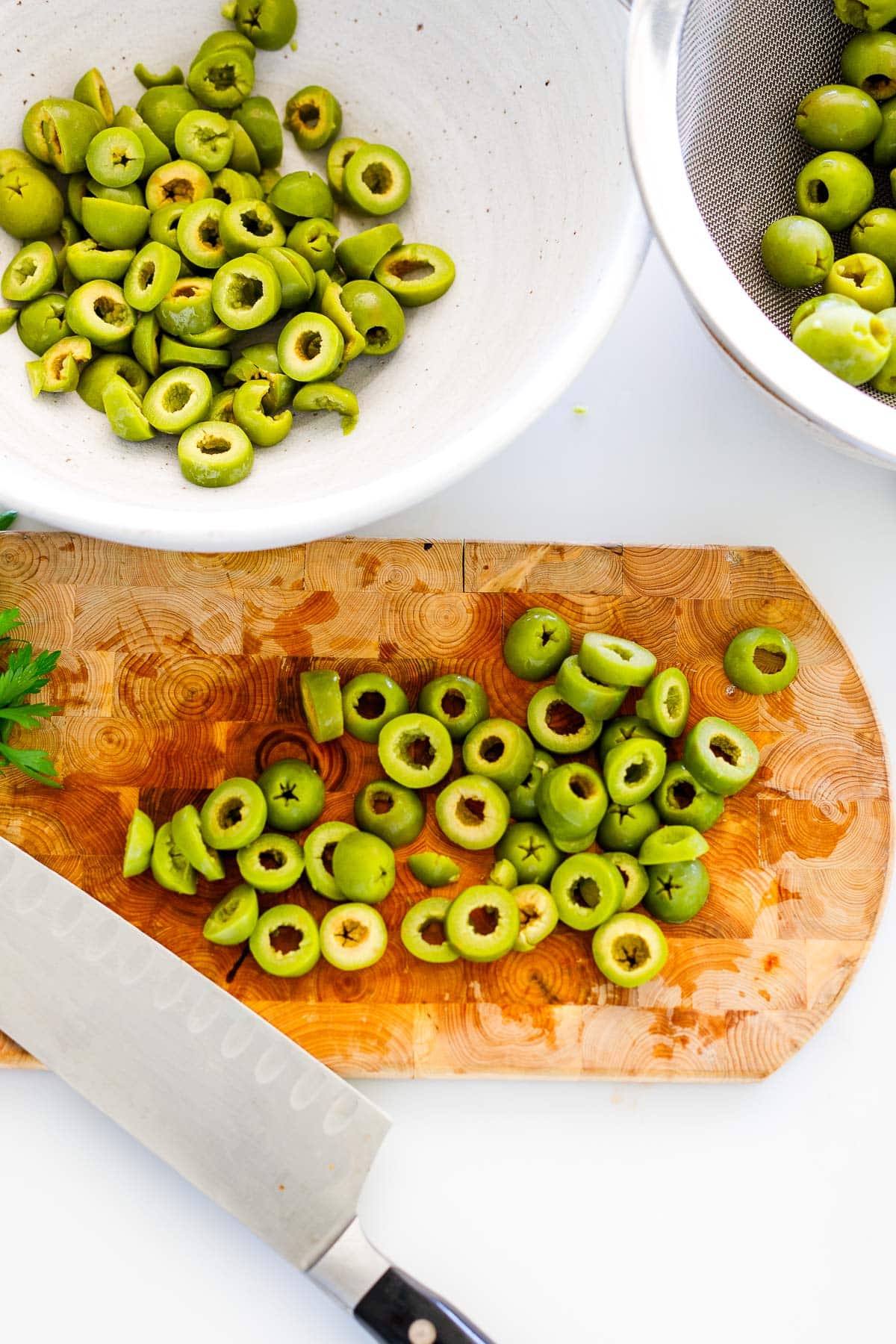 slicing the olives. 