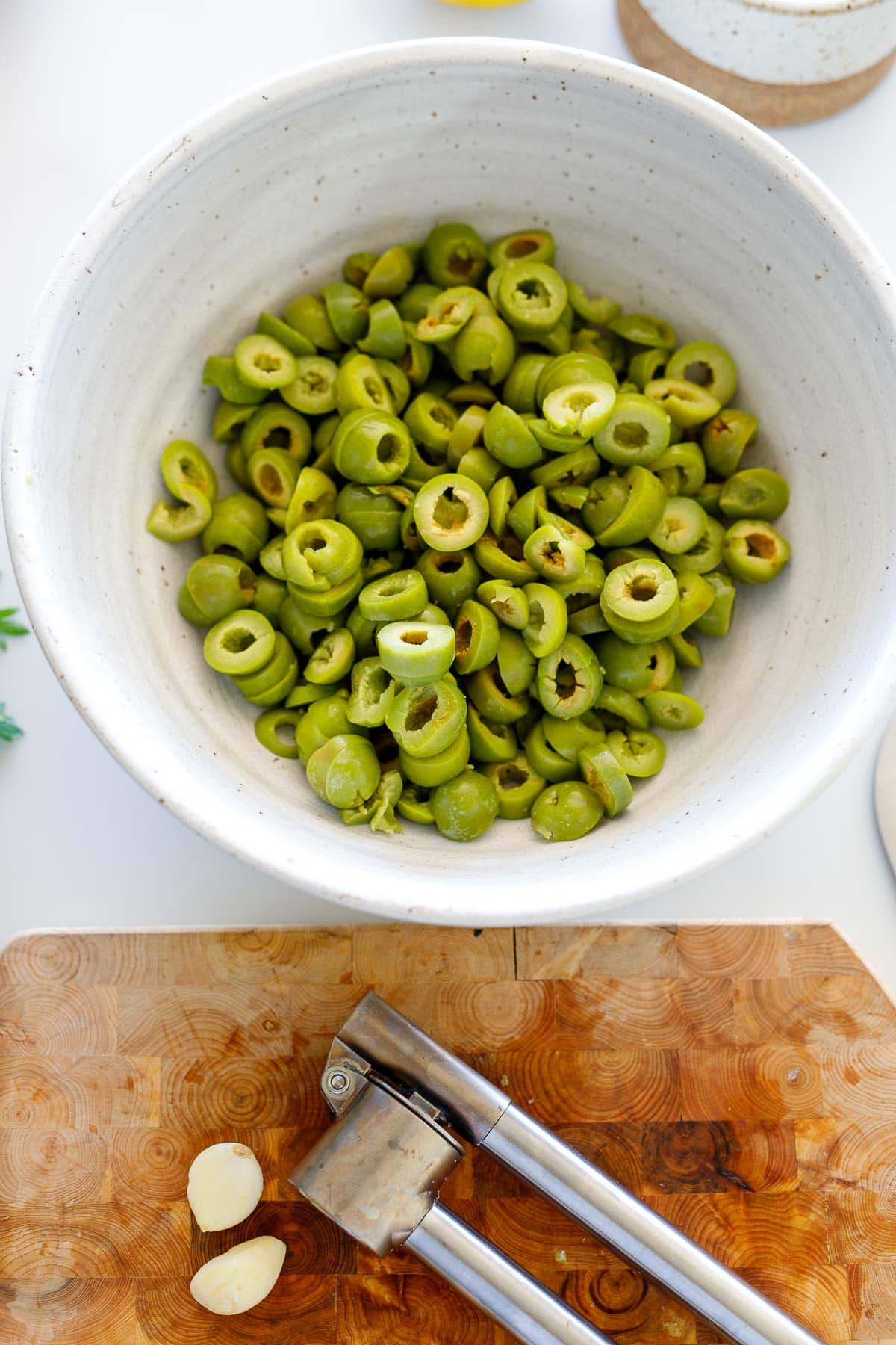 sliced olives in a bowl. 