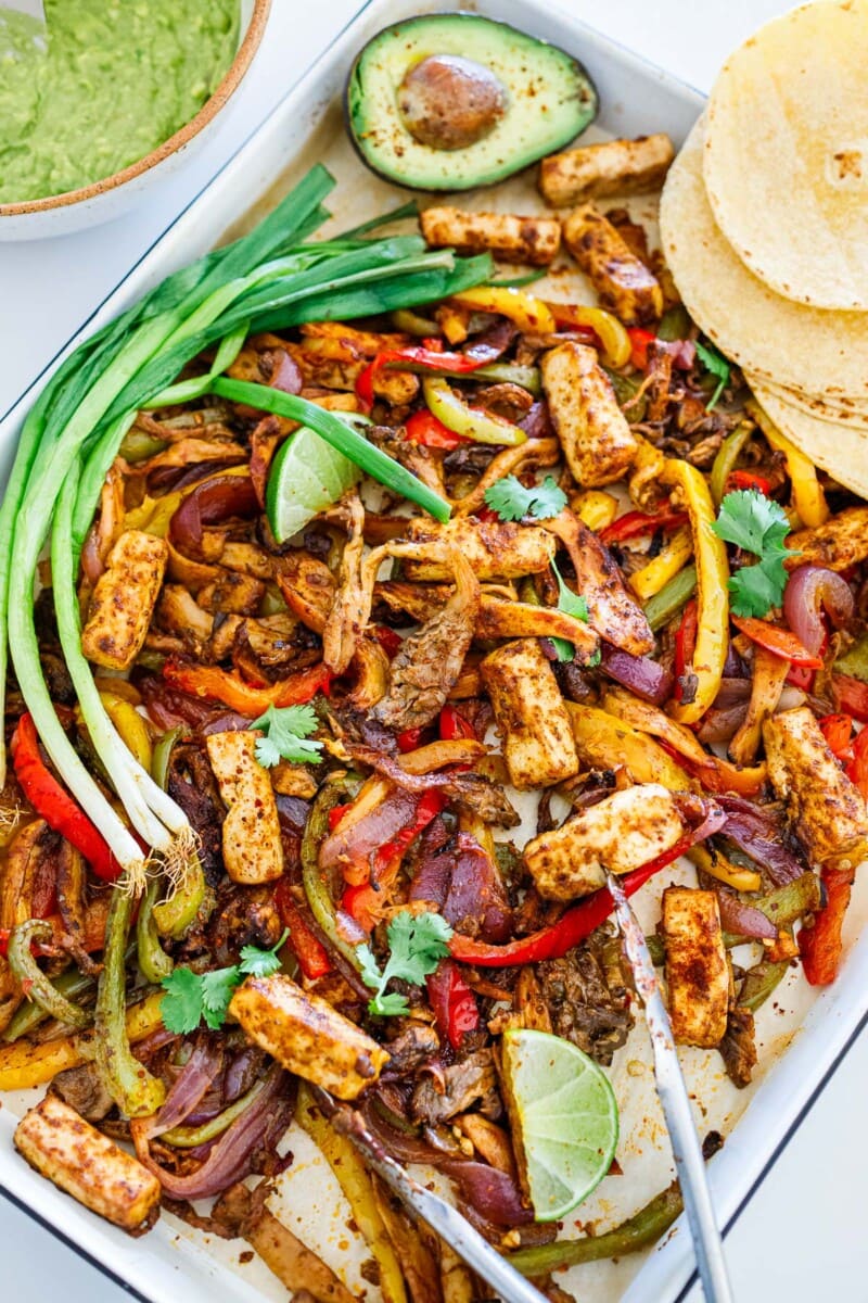 vegan fajitas on a sheet pan.
