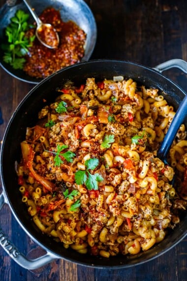 A Chili Mac and Cheese with kimchi that is rich, spicy, and full of umami. Made with ground turkey, but feel free to use beef, lamb, or a plant-based alternative. A hearty weeknight meal perfect for cold weather!