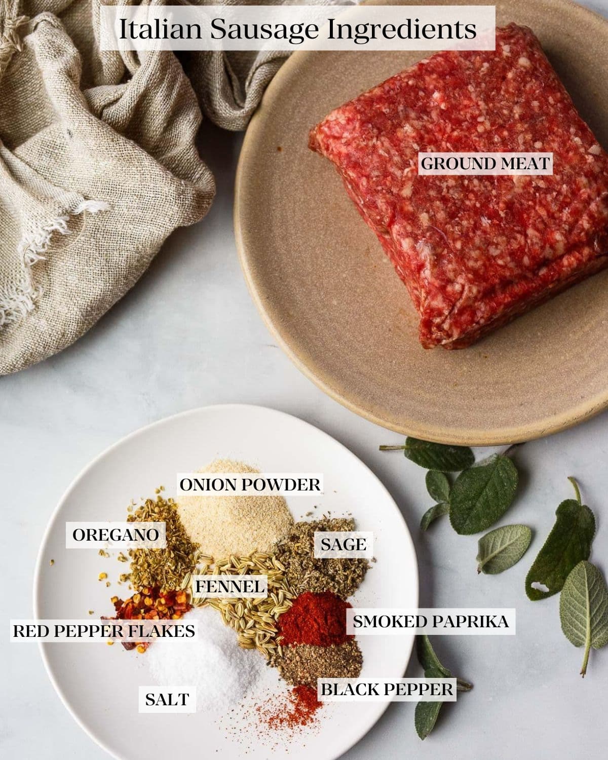 plate of ground meat next to plate of spices to make Italian sausage. 