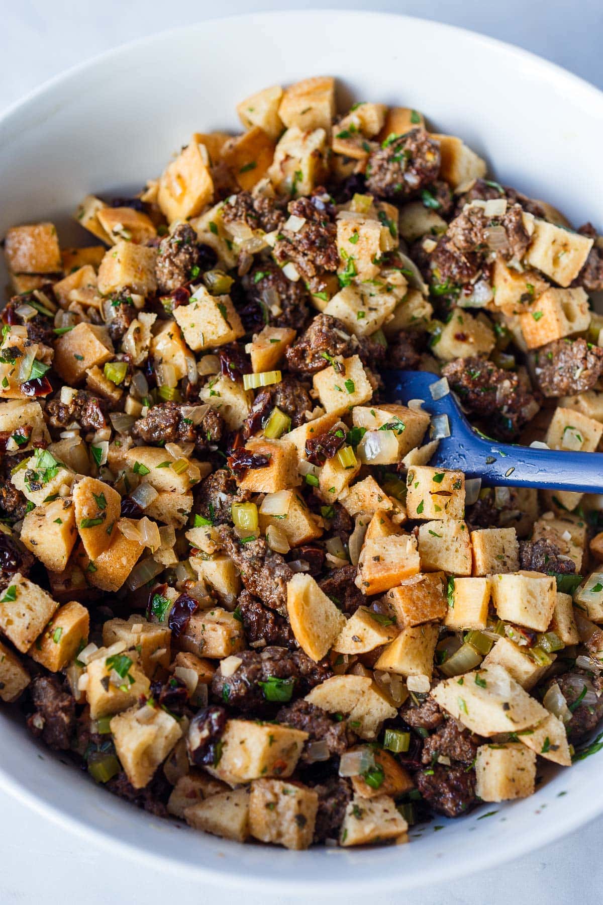 Stuffing in a mixing bowl.