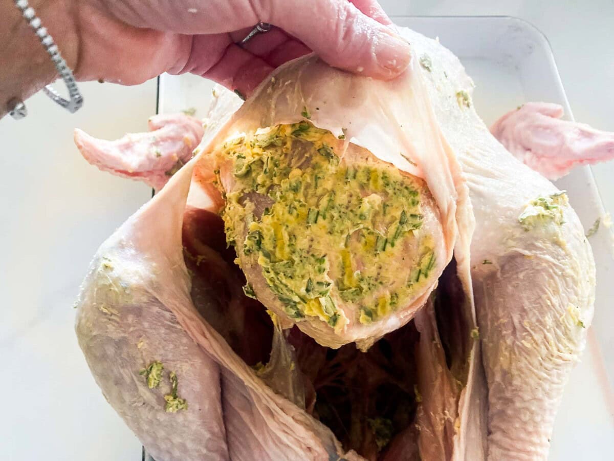 hand lifting up the turkey skin to see rubbed butter underneath.