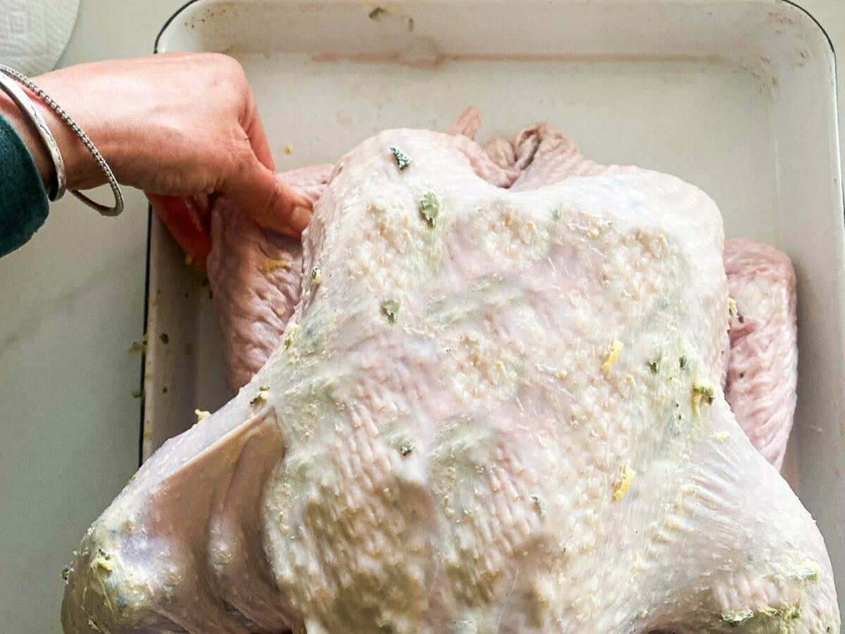 hand arranging the turkey wings behind the neck.