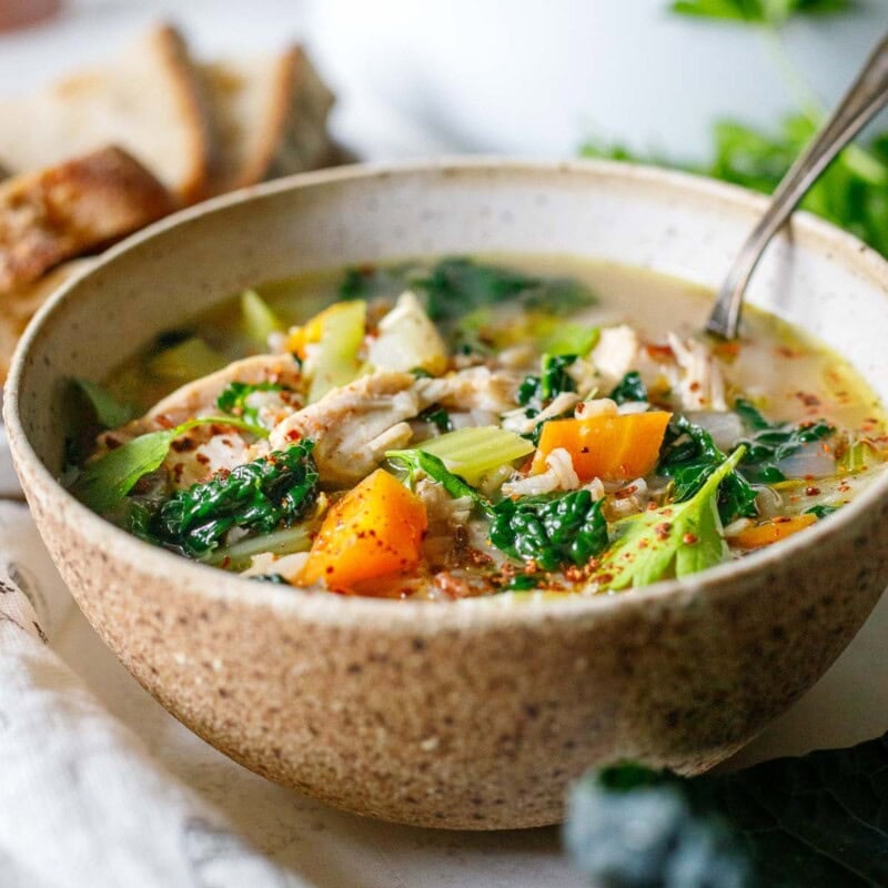 turkey rice soup in a bowl made with leftover thanksgiving dinner.