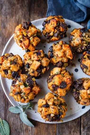 Thanksgiving stuffing muffins on a white platter