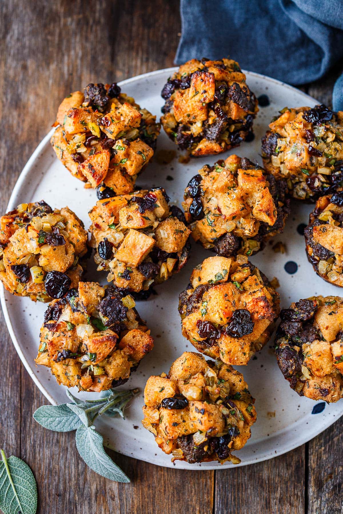 Thanksgiving stuffing muffins on a white platter