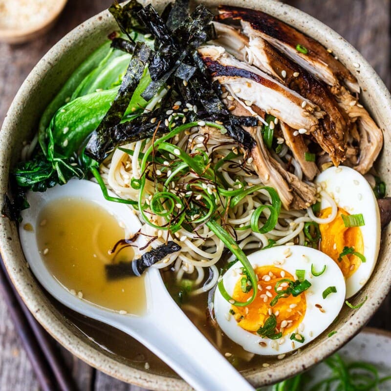 homemade chicken ramen noodles in a bowl.