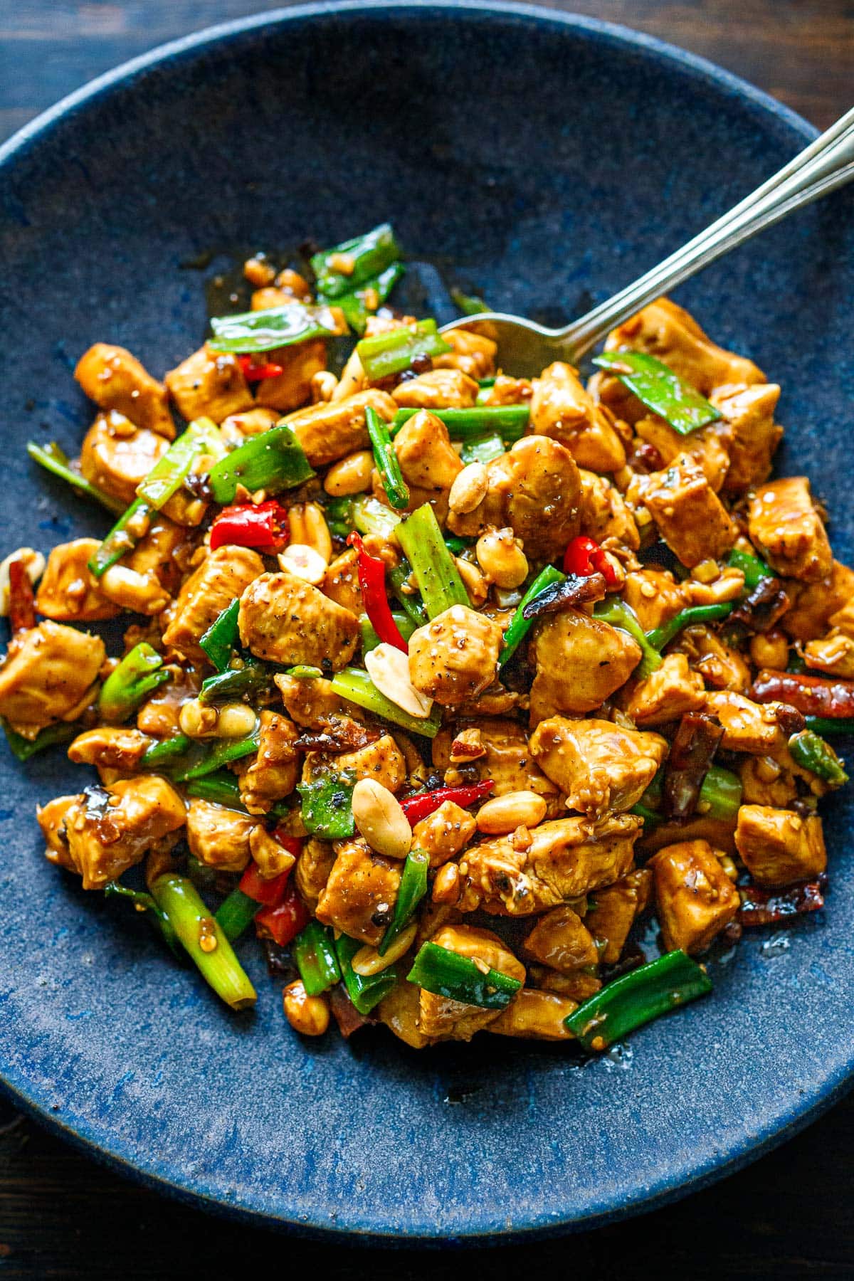 plate of kung pao chicken with chiles, scallions, and peanuts.