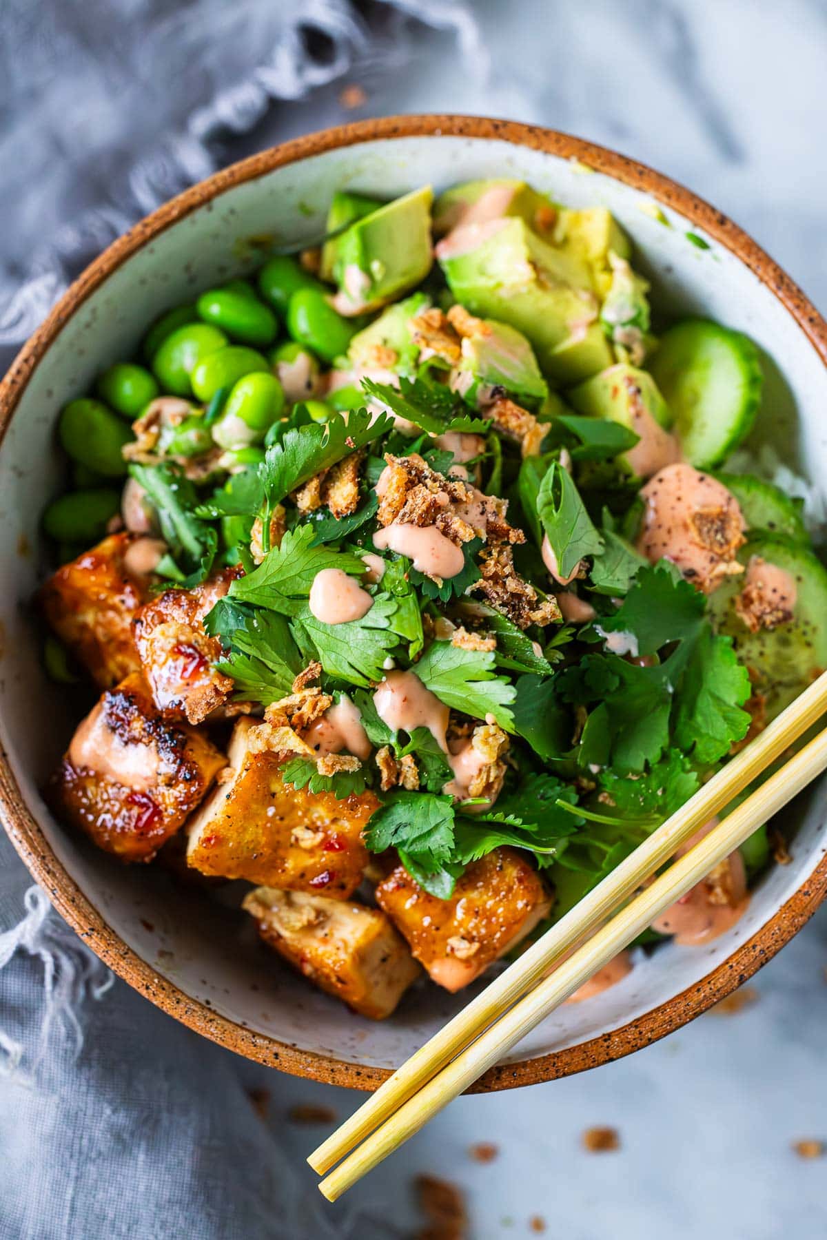 sticky glazed tofu bowl 