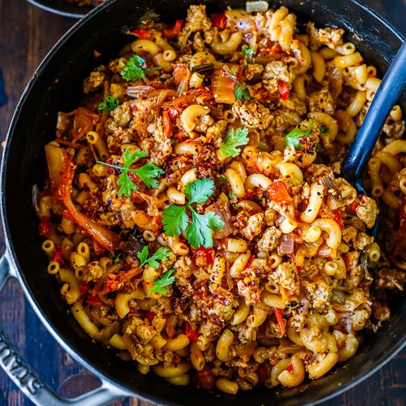 chili mac and cheese recipe with kimchi.