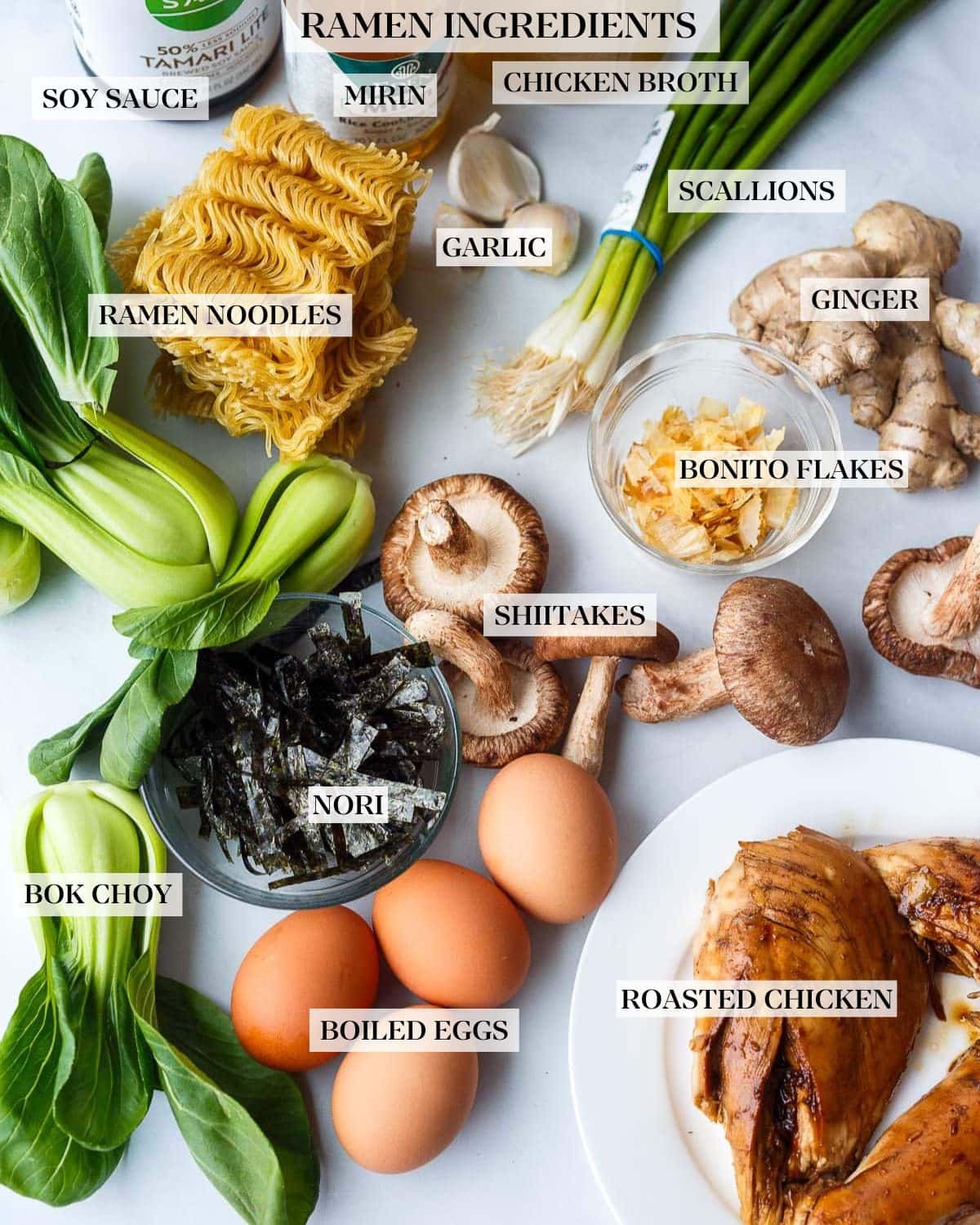 ingredients to make homemade ramen - tamari, mirin, homemade chicken broth, ramen noodles, garlic, scallions, ginger, bonito flakes, bok choy, mushrooms, nori, eggs, and roasted chicken.