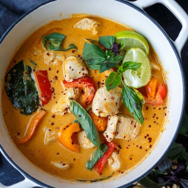 Rich and delicious homemade Panang Curry is made with tender chicken and sweet bell peppers in a creamy coconut curry sauce.