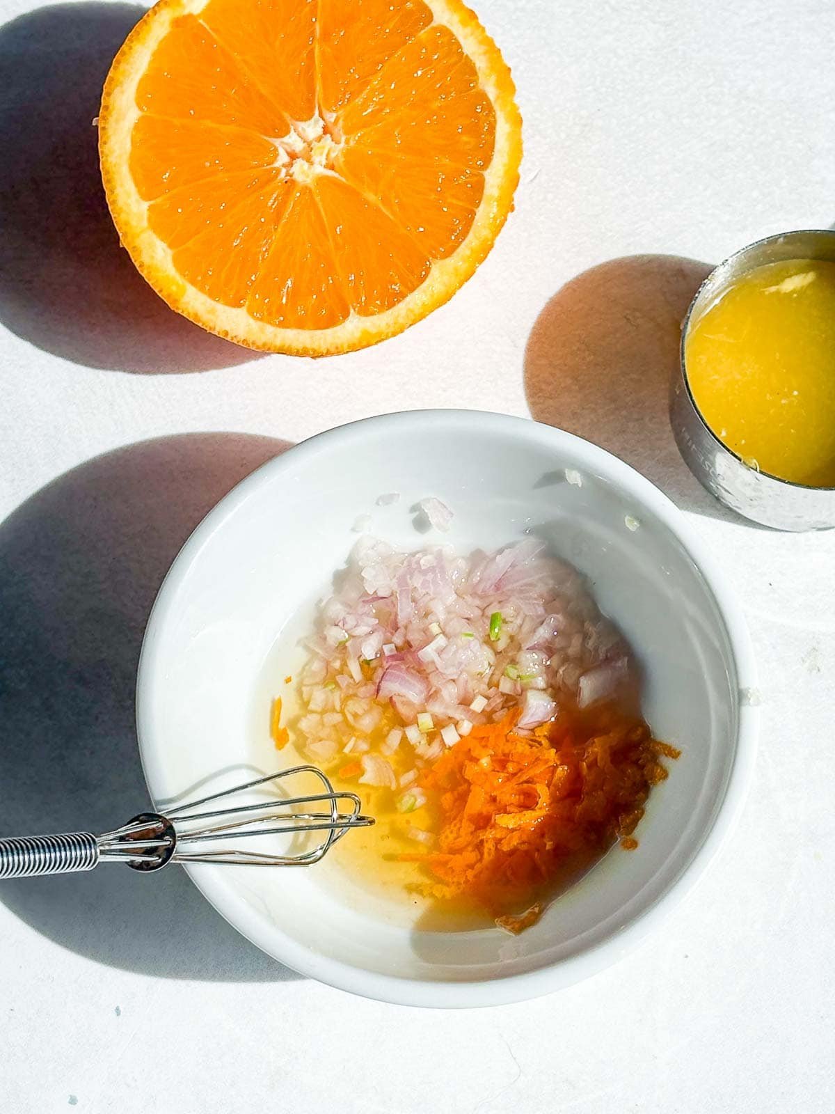 whisk shallot, vinegar, orange juice, and honey.