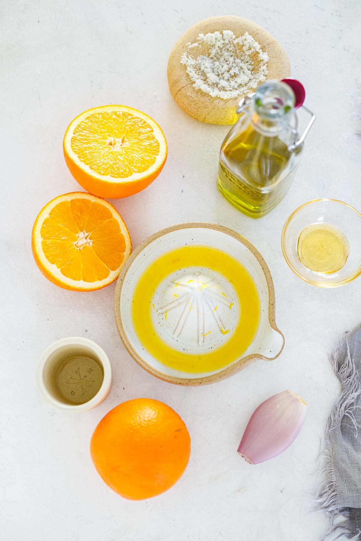 Citrus Dressing Ingredients- oranges, olive oil, salt, shallot, vinegar and honey.