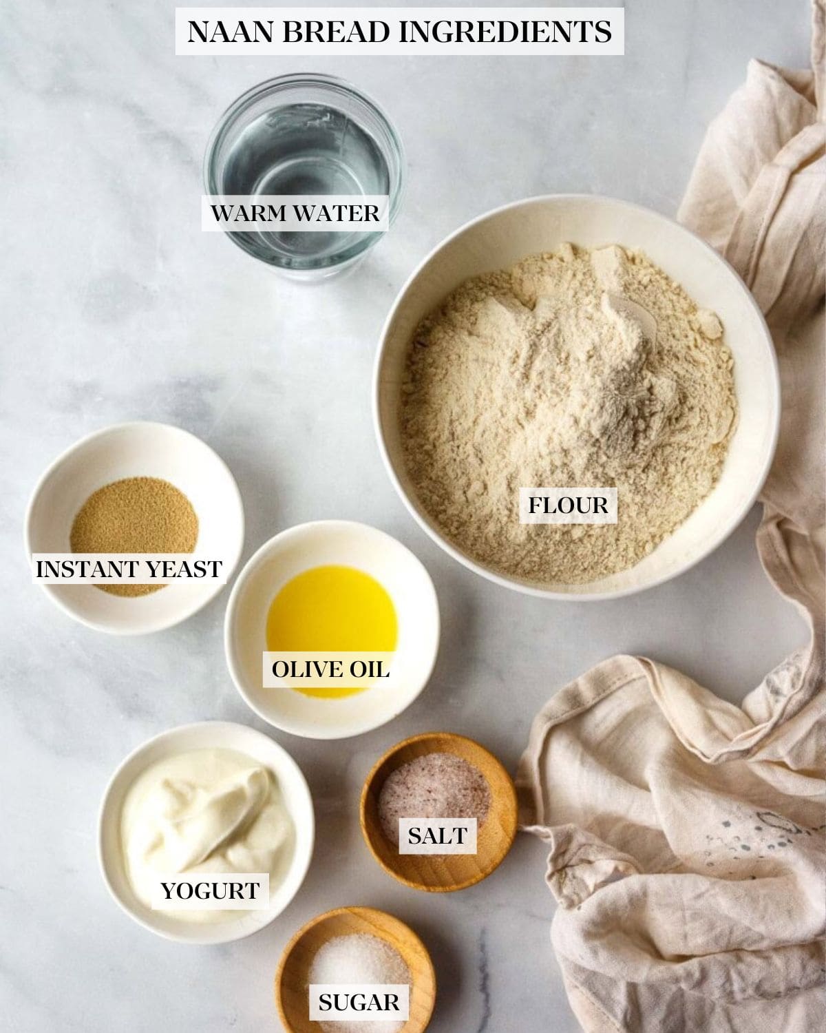 Naan Ingredients-flour, yeast, olive oil, salt, yogurt and warm water. 