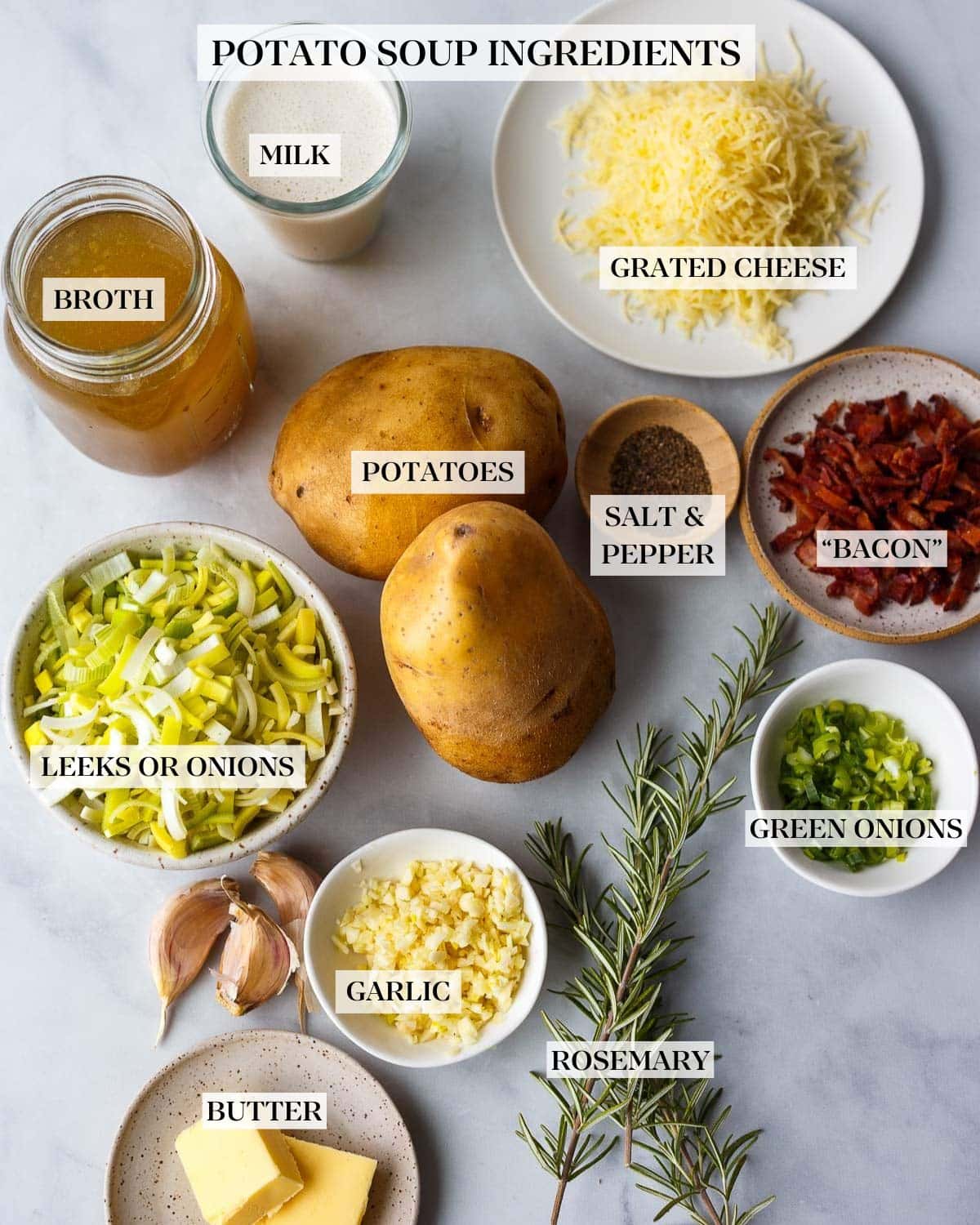 ingredients arranged and labeled for potato soup - milk, grated cheese, bacon, salt and pepper, potatoes, broth, leeks, green onions, garlic, rosemary, butter.