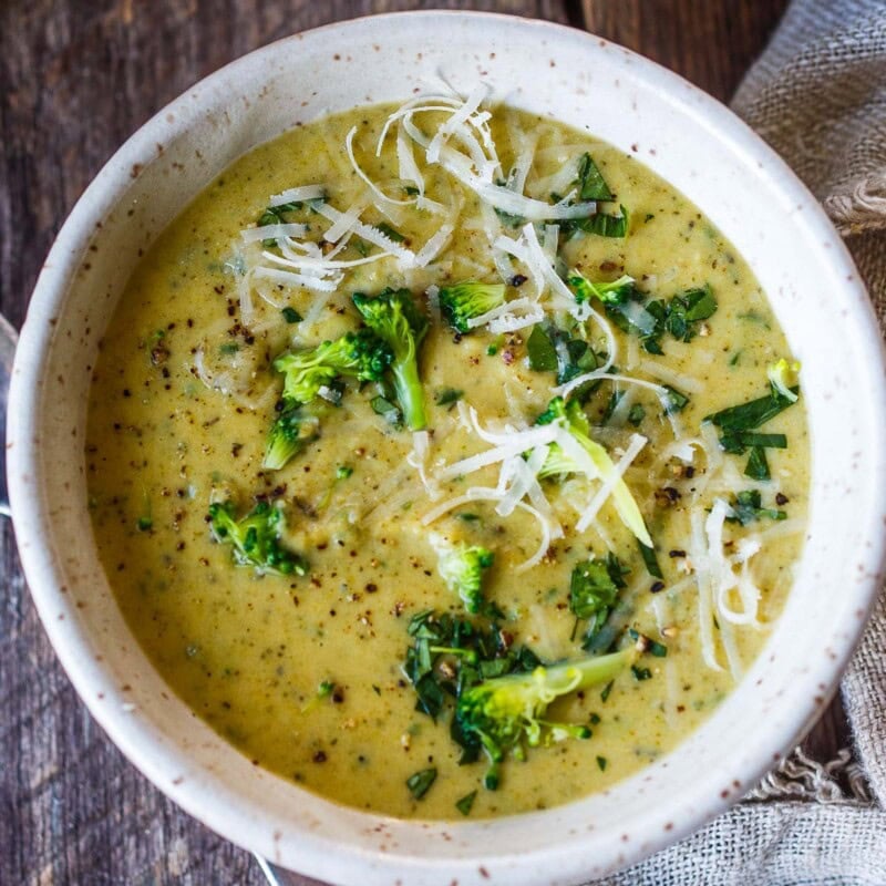 Comforting Broccoli and Cheddar Soup with loads of broccoli, white cheddar cheese, a creamy texture and sharp, savory flavor. This wholesome soup is a perfect choice for a cozy meal. Gluten-free.