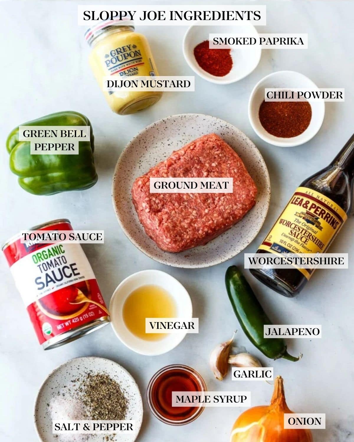 ingredients laid out and labeled for sloppy joes - dijon mustard, smoked paprika, chili powder, green bell pepper, ground meat, worcestershire, jalapeno, tomato sauce, vinegar, garlic, maple syrup, onion, salt, and pepper.