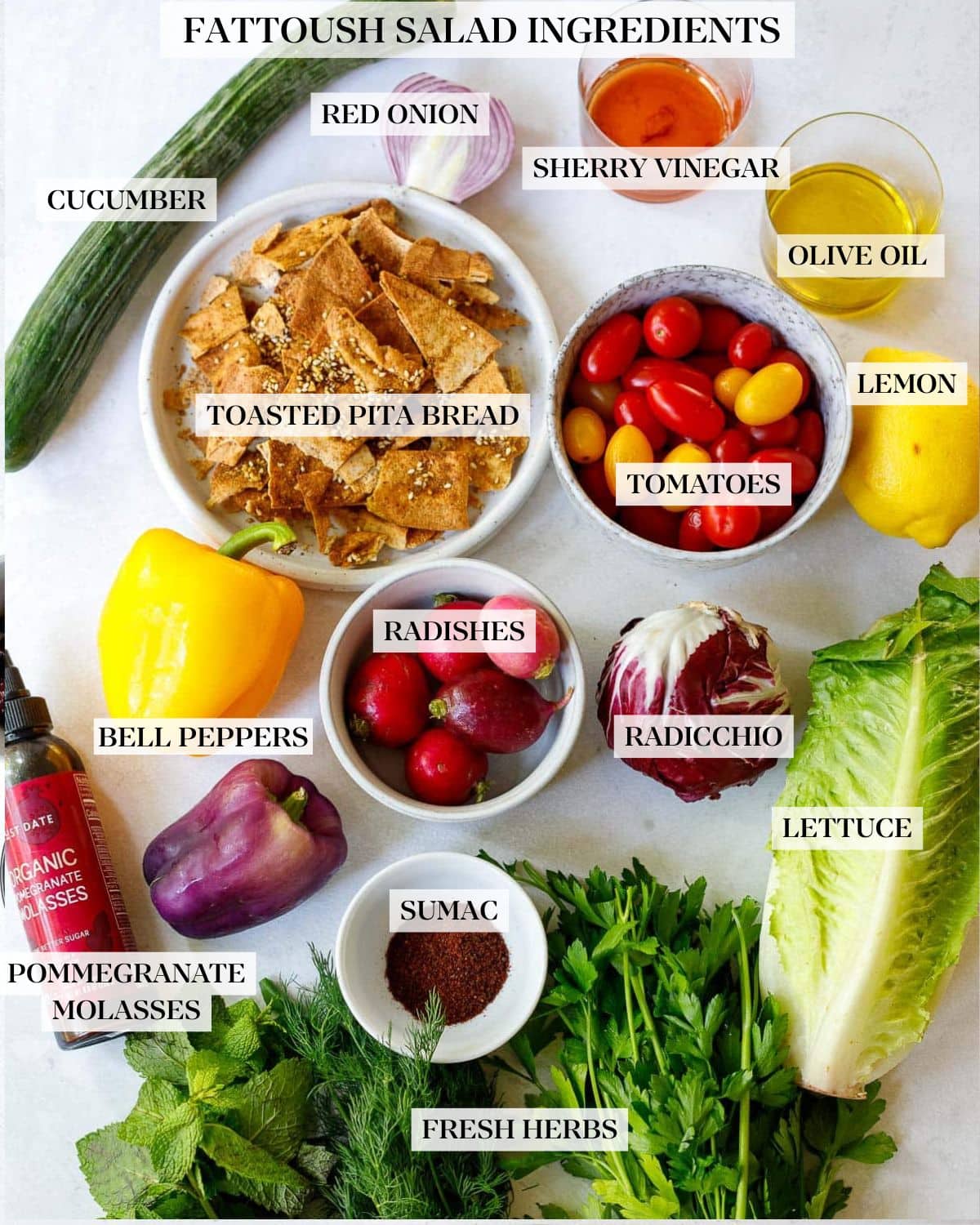 Fattoush Recipe ingredients on a white counter.